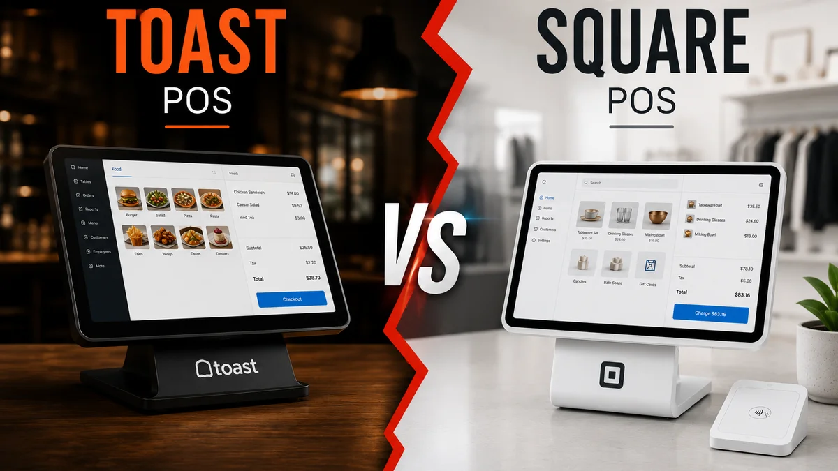 Side-by-side comparison of a Toast POS terminal and a Square POS terminal, each displaying its checkout screen, divided by a bold red center split with VS