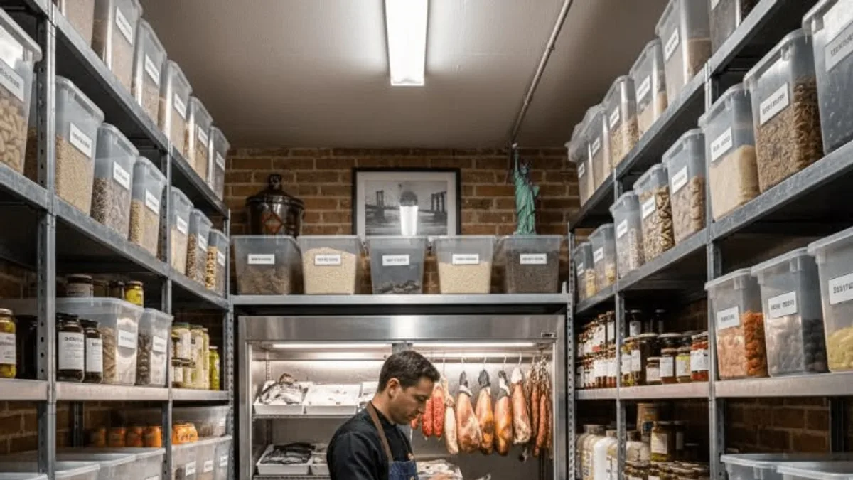 A chef checking a tablet in a fully stocked restaurant pantry lined with labeled containers and a walk-in cooler